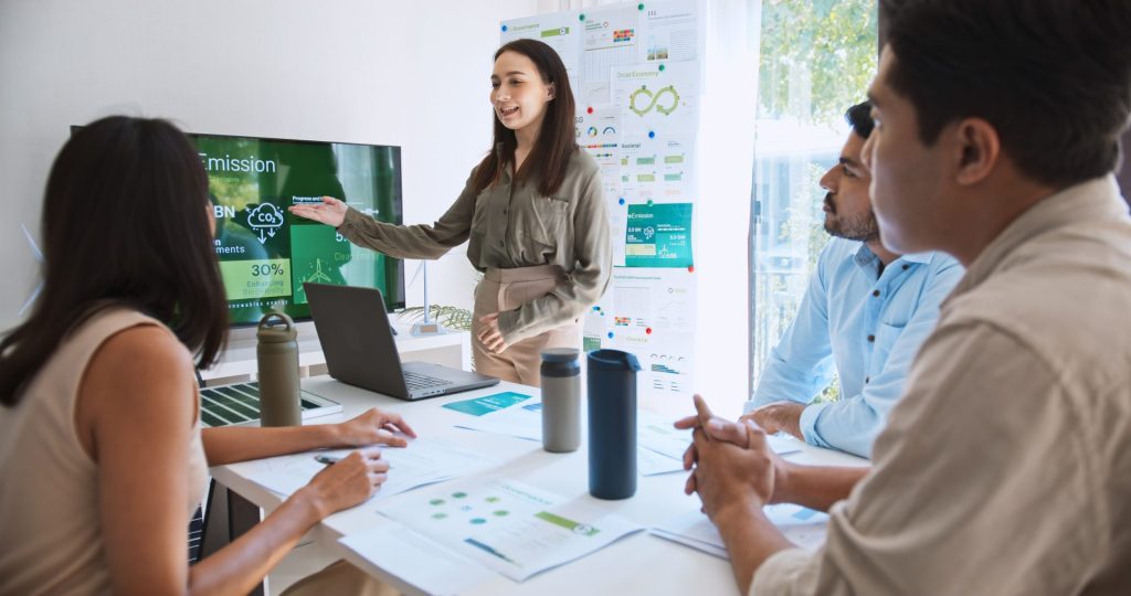 A group of colleagues working on their sustainability strategy.